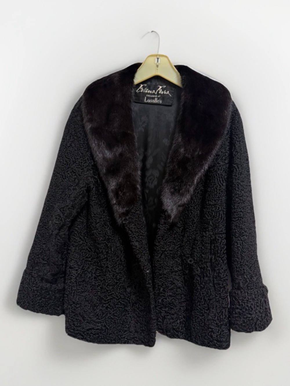 Black Persian Lamb Coat Karakul Jacket with Mink Fur Collar Women’s Size L-M